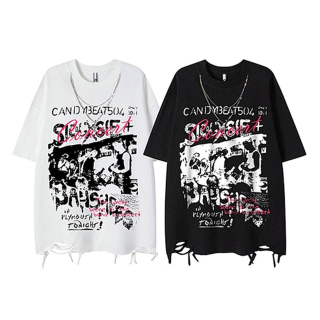 サブカル系 バンド風ダメージTシャツ 退廃ロック映え