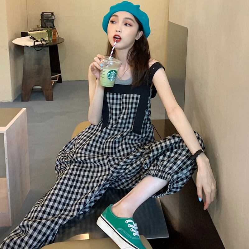 格子柄ジャンプスーツ オールインワン サマー薄手ルーズ 夏物 試着室77017876738