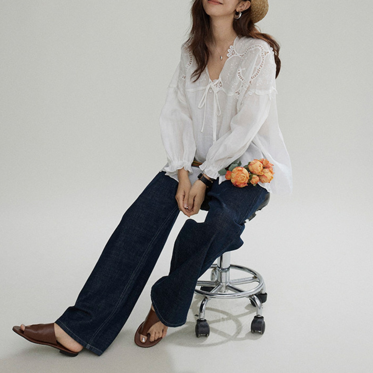 Lace Shirt Collar Blouse T0731