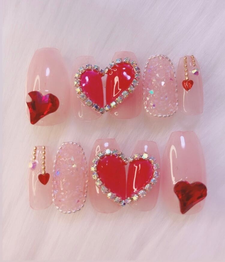 ❤︎ No.98 量産型 地雷系 チェック リボン ネイルチップ ‪‪❤︎‬‬