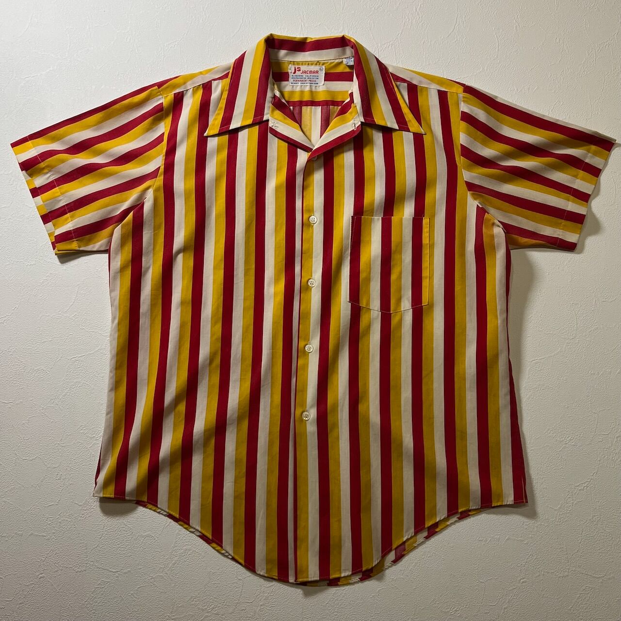 70s オープンカラー 開襟 ストライプ 半袖シャツ レッド L 古着 | RUFFY