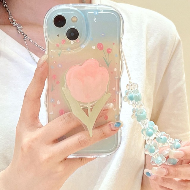 【新型iPhone15対応】チューリップ畑で春っぽ◎可愛いグラデ 人気ウェーブフレーム クリアケース ハンドグリップ カメラ保護フレーム 透明 おしゃれ スマホケース ND-15179