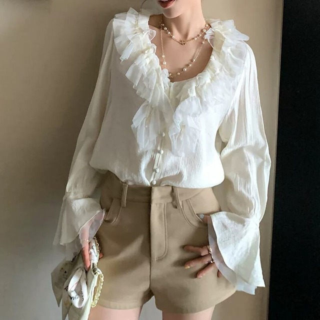 Tulle frill neck blouse　M1598