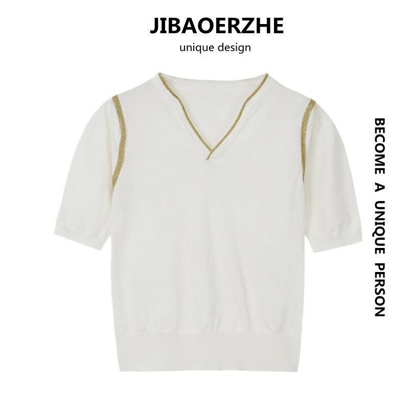 サマーVネックセーター カジュアルプルオーバー Tシャツ トップス 夏物 ケッペル6308793818