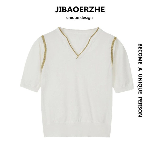 サマーVネックセーター カジュアルプルオーバー Tシャツ トップス 夏物 ケッペル6308793818