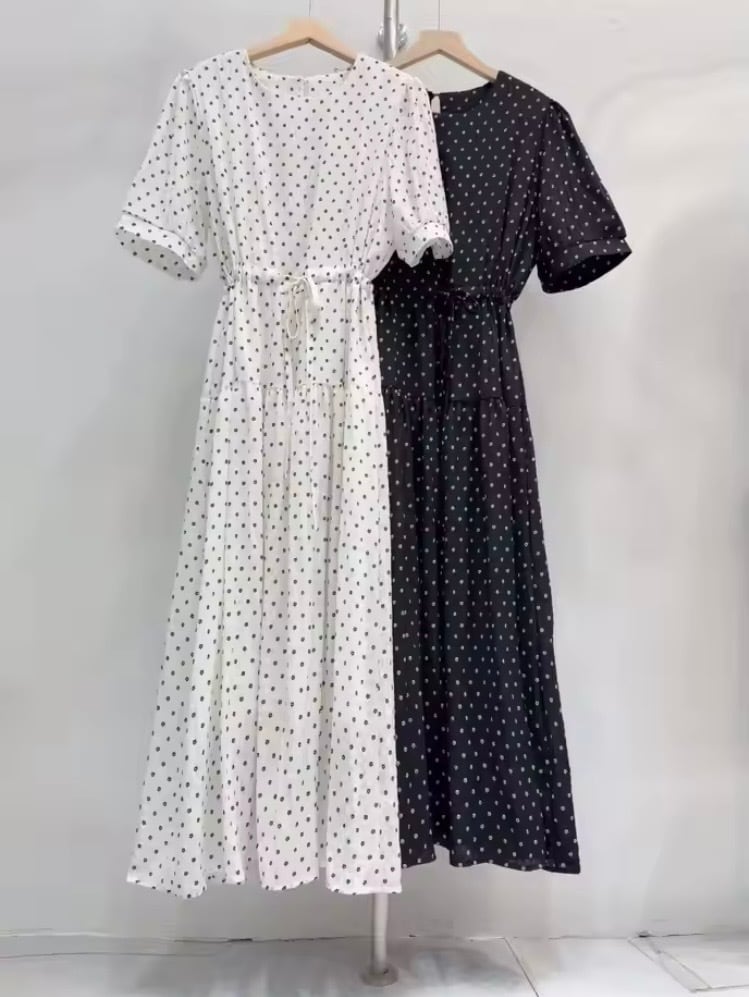 NEW 人気 売れ筋 ワンピース ロング丈 フレア 半袖 ドット柄 水玉
