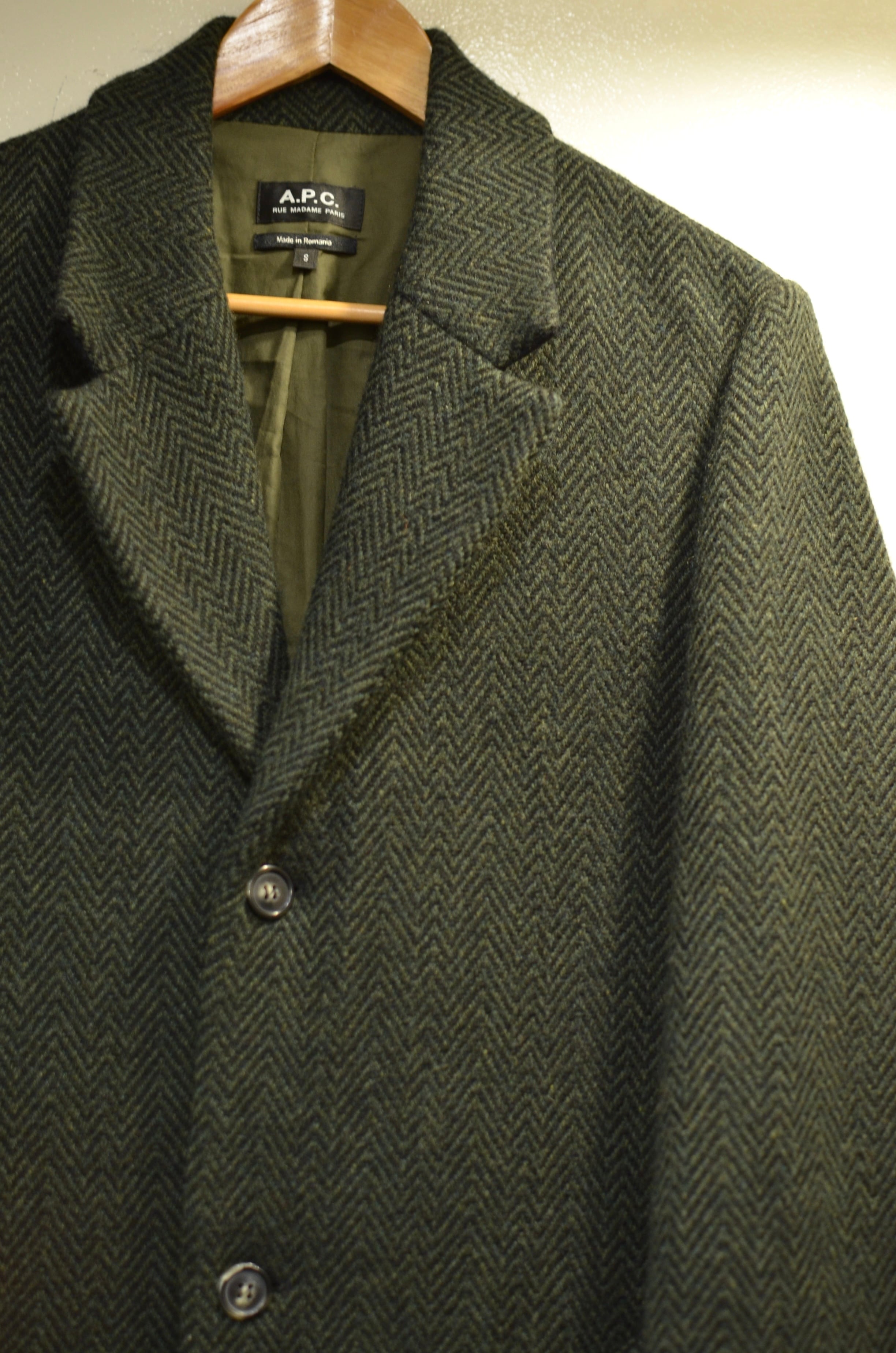 【A.P.C.】90sウールダブルコート ブラック ヘリンボーン k11 A.P.C. ヘリンボーンウール コート | leger