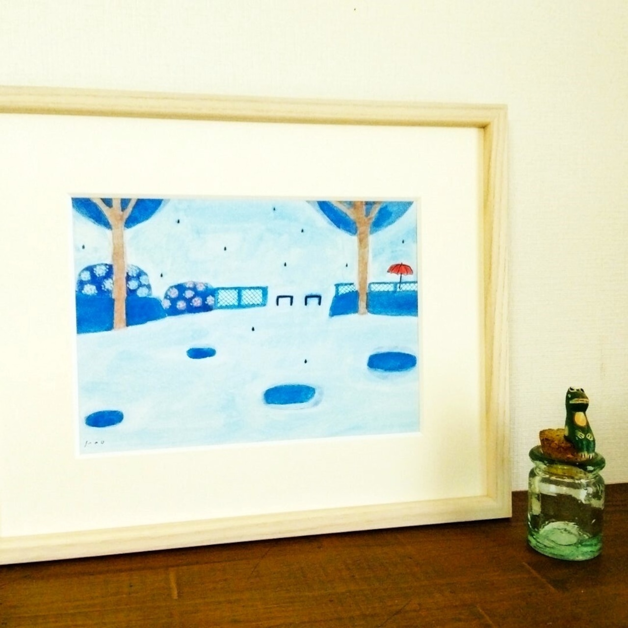 雨の風景シリーズ8点 ※八つ切りサイズ木製額縁入り 水彩 絵画 青 