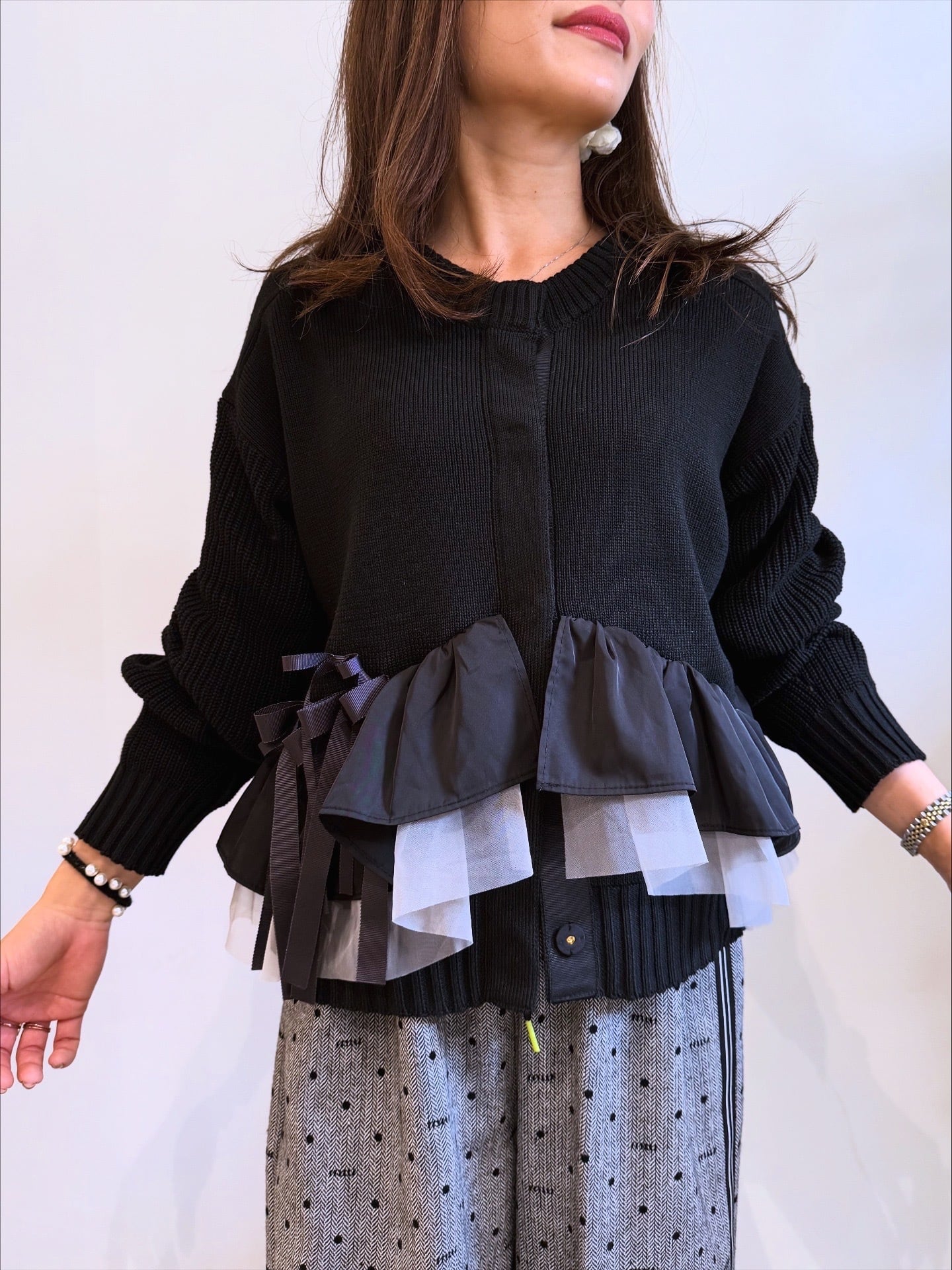 新品未使用　Eimee Law エイミーロウ　リボン　カーディガン　アイボリー エイミーロウ Eimee Law ランダムリボンフリルニットカーデ