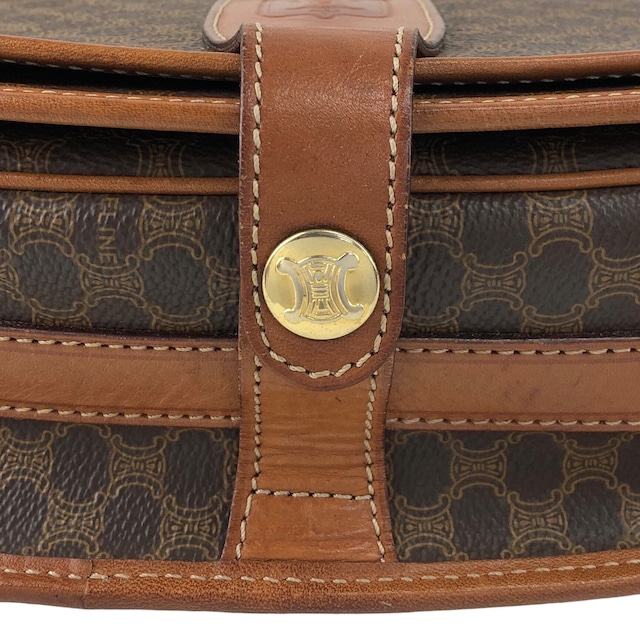 CELINE セリーヌ マカダム ショルダーバッグ ブラウン ブラゾン型押し ボタン PVC レザー フラップ vintage ヴィンテージ オールド 2gysan