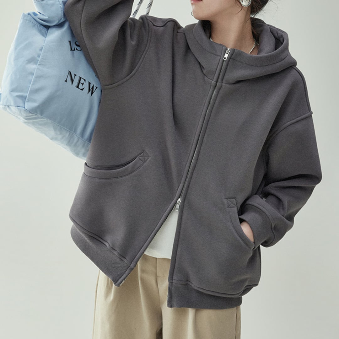 solid color double zipper hooded sweatshirt parka