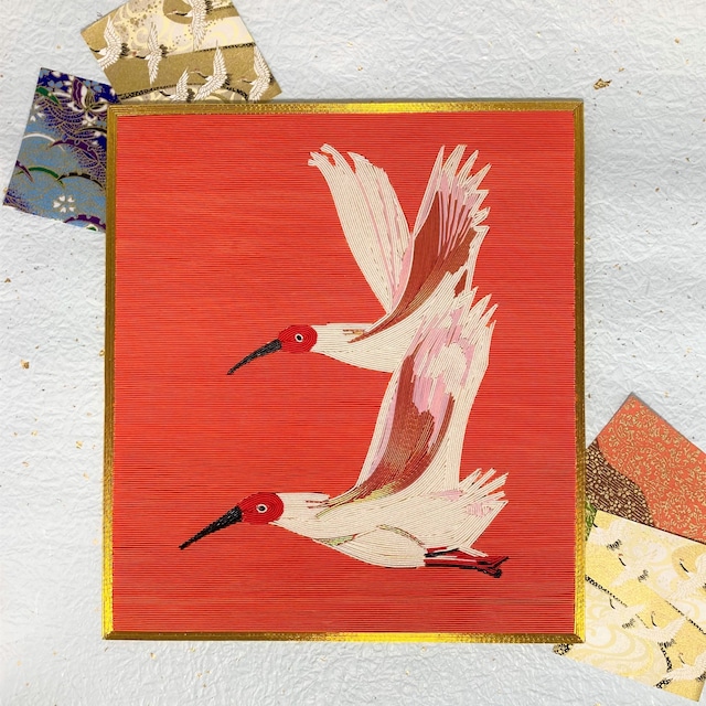 【お正月・御祝い用】水引色紙＿紅の空に舞う二羽の白鶴