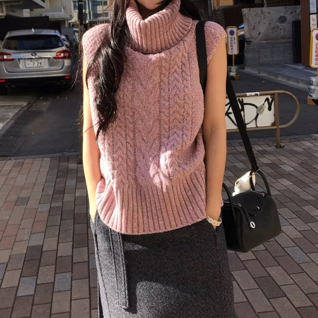 High neck elegant sleeveless velvet cable knit ( 3color )