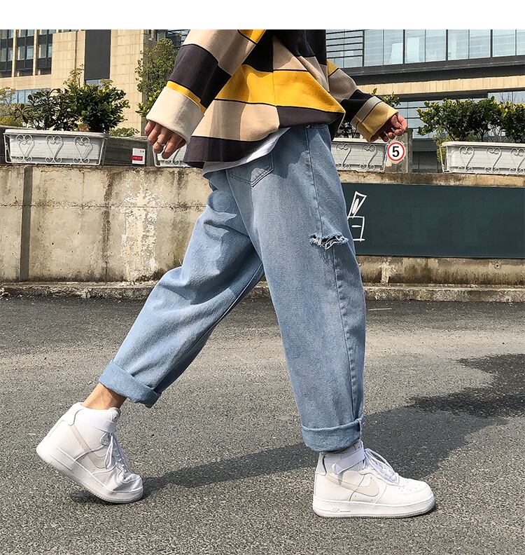 全1色 デニム パンツ ストレート カジュアル クラッシュ 無地