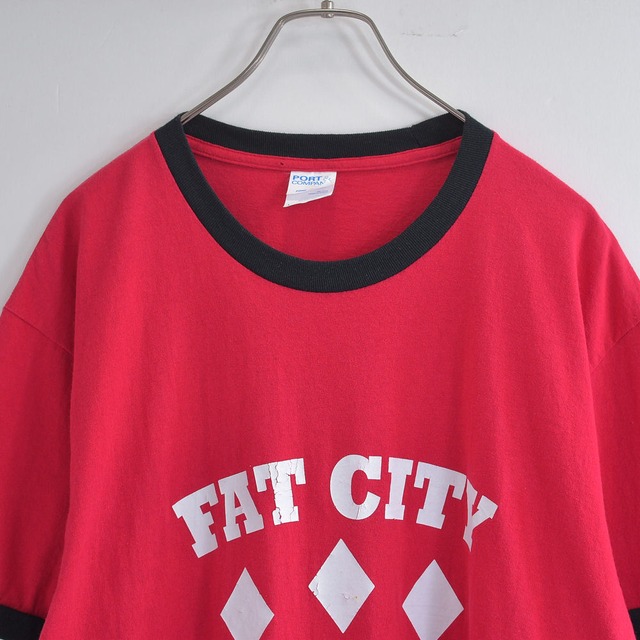 00s～ PORT & COMPANY ポート&カンパニー FAT CITY プリント リンガーTシャツ 半袖 カットソー トリムT USA アメリカ古着 メンズLサイズ
