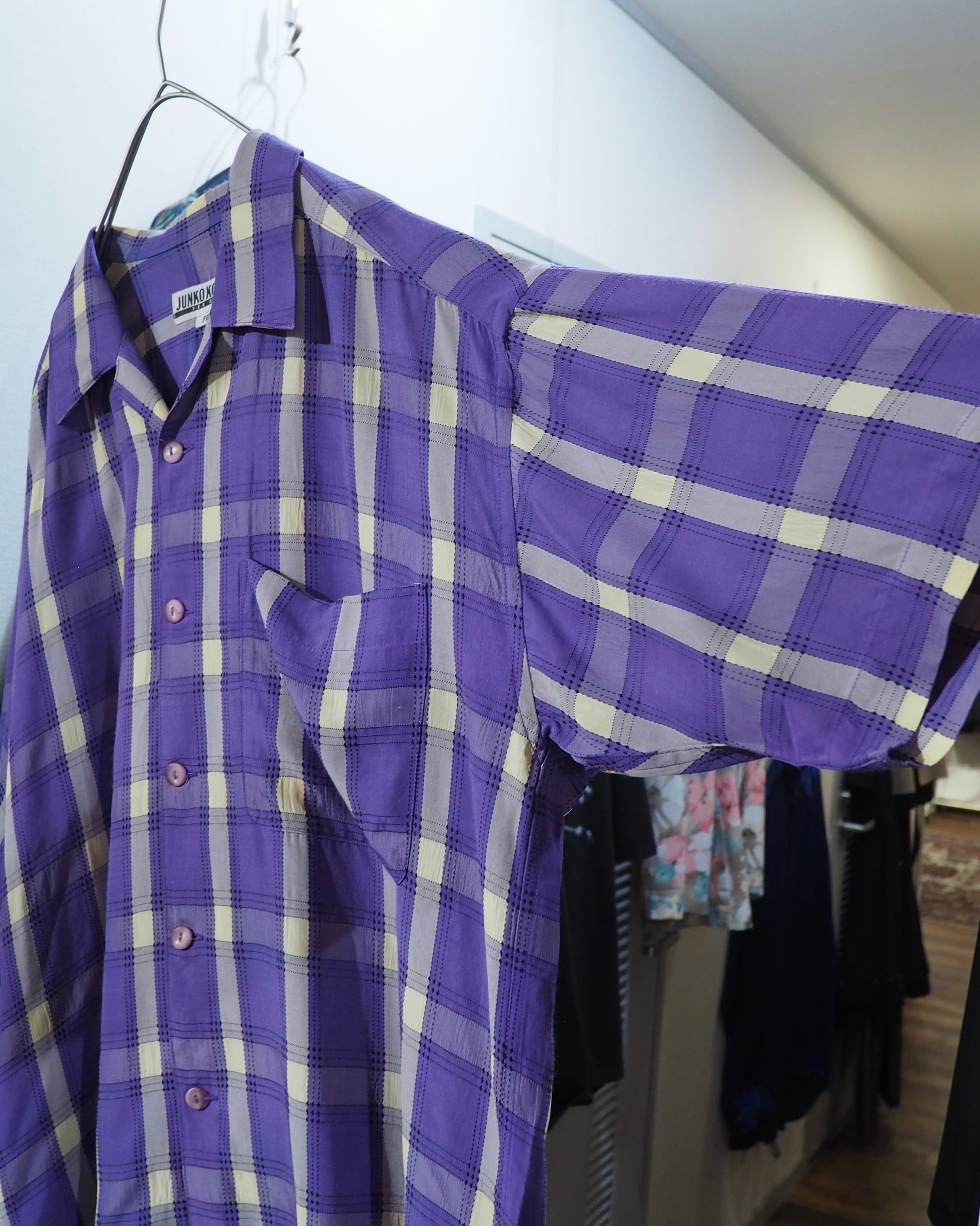 1990s " JUNKO KOSHINO " White Purple Check pattern vintage Open collar SS shirt