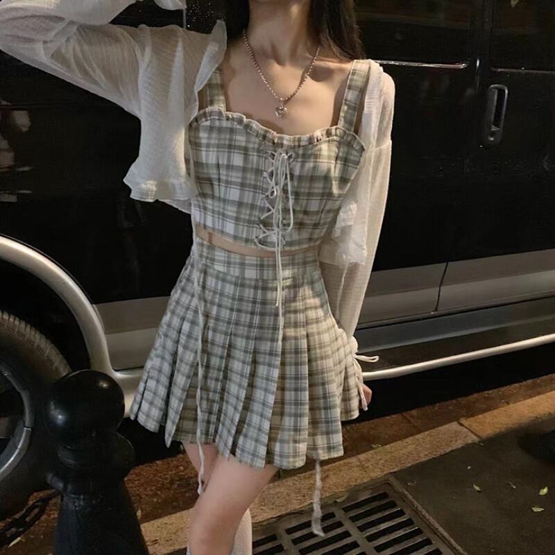 サマー薄手格子柄プリーツ 夏物 スカート 萌量不足1240442804