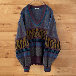 【PAR BREAK】日本製 柄ニット セーター デザインニット 柄物 Vネック M 個性的 古着