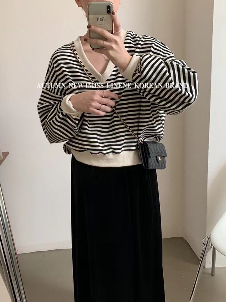 Vネックストライプセーター レディースオータムルーズ薄手プルオーバー トップス ロング 秋物 ビッグFスモールZ韓国71883544608
