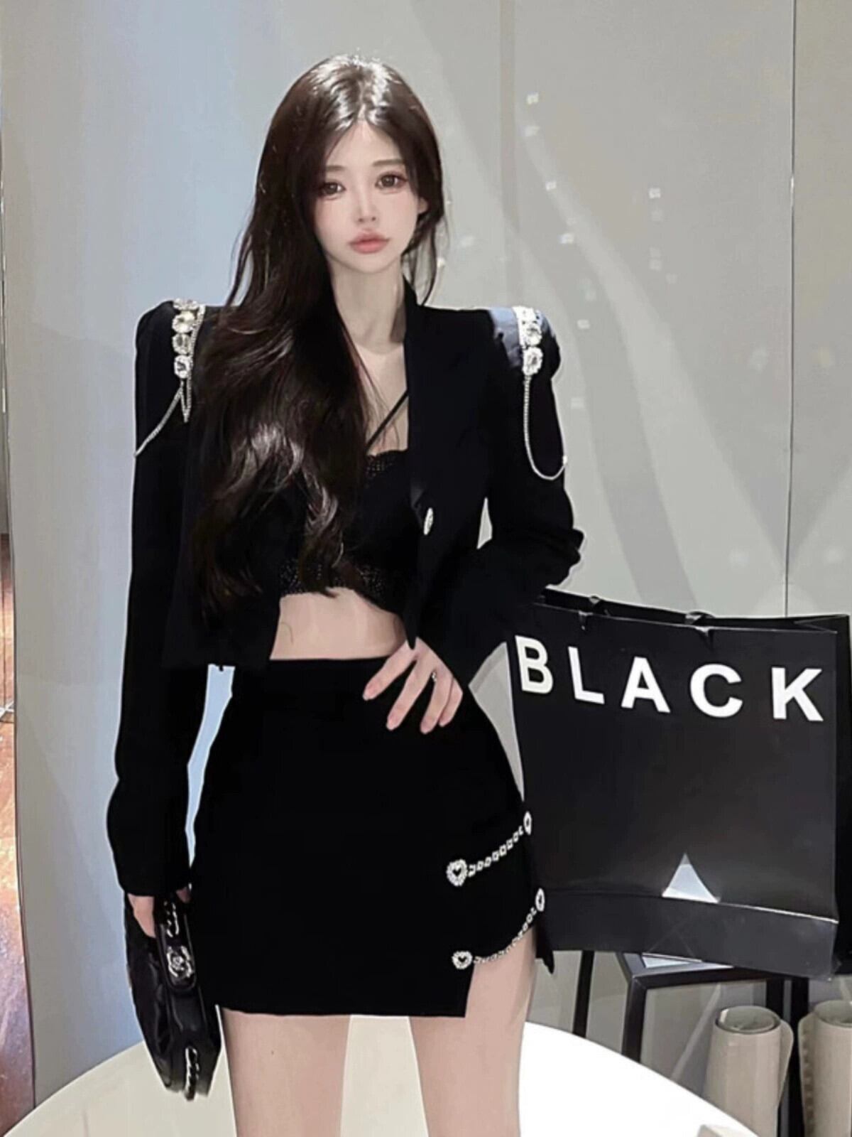 重工業ダイヤモンドラペルショートコート女性秋黒小さなスーツハイエンドルーズ長袖カーディガントップトレンディな ロング ブラック オータム 秋物 ガールズファッション97688725136