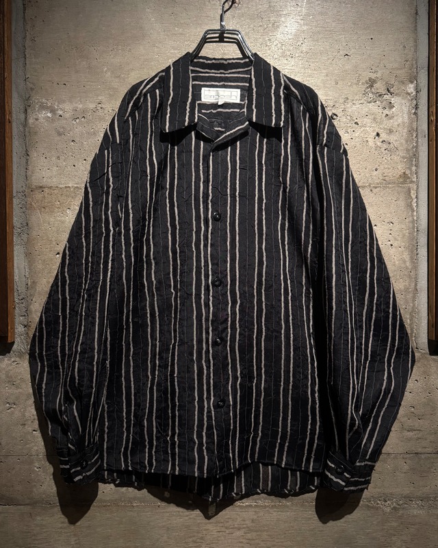 【Caka】“smash”Crinkle Design Vintage Mesh Stripe Open Collar Shirt