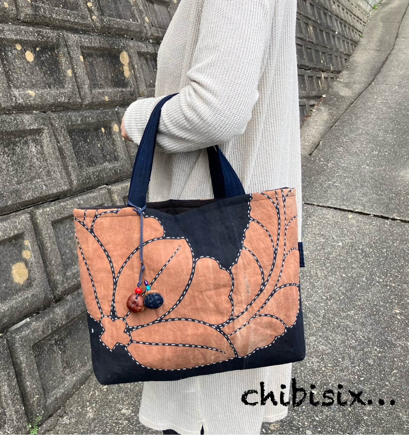 古布柿渋染めの筒描きトートバッグ | chibisix