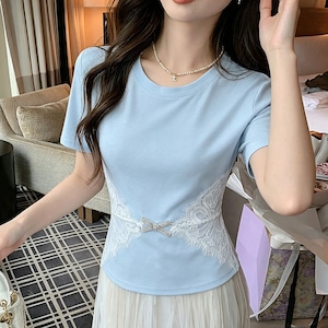 レース装飾リボン付き半袖Tシャツ 00568