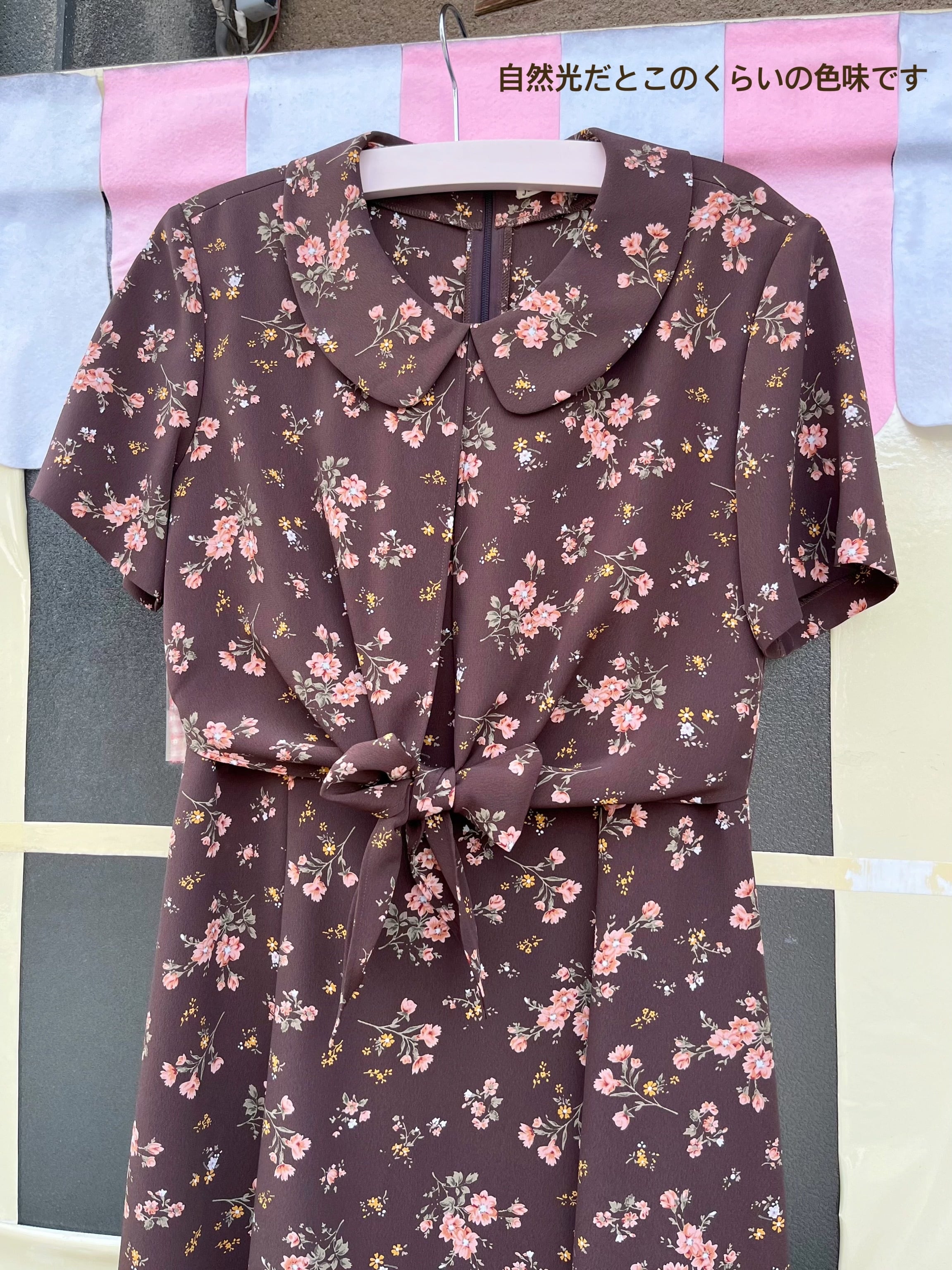 brown flower waist ribbon one-piece