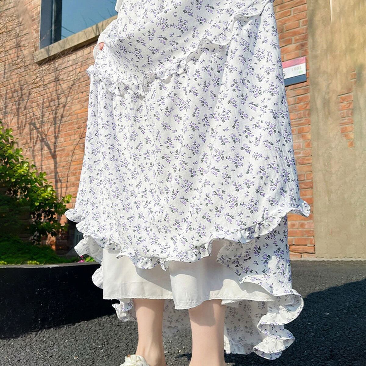 ロングスカート ティアード レディース おしゃれ 春夏 韓国 小花柄 ティアードスカート 大人 きれいめ かわいい フェミニン ゆったり 体型カバー フリルティアード ハイウエスト Aライン 大人可愛い 大人女子