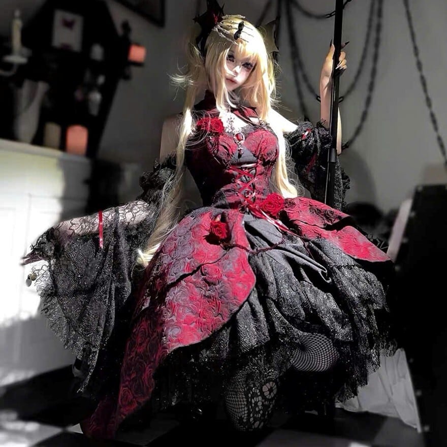 ゴスロリ ドレス コルセット風 レースアップ レイヤードスカート 撮影