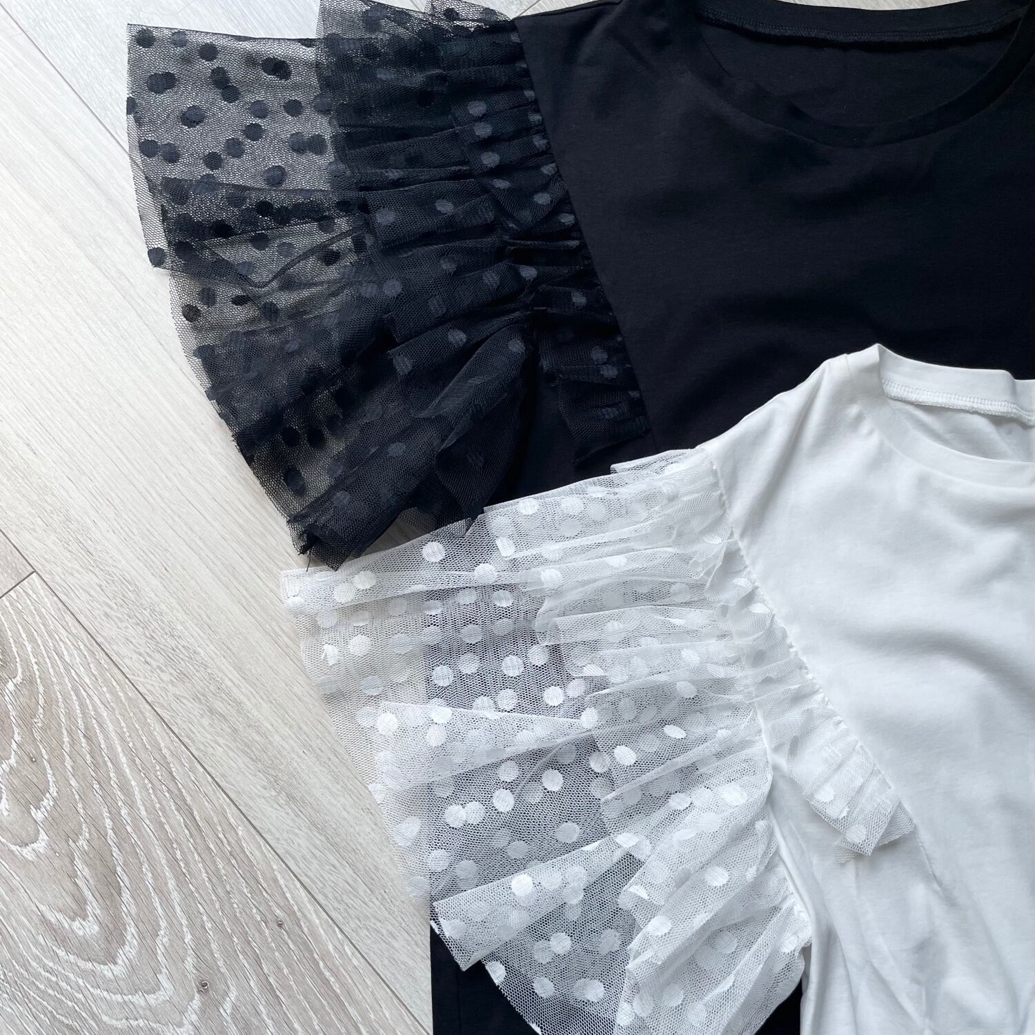 t*に様 keep my closet ドットチュール袖コットン 黒 涼さら【ゆったり着痩せ】360℃大人可愛い♡ドットチュール袖コットンT