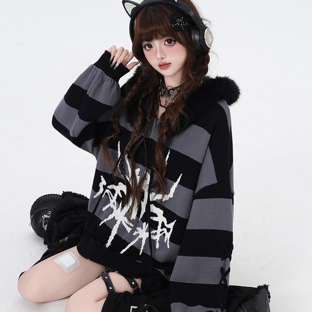 ゴスロリ通販 With U 地雷系 CRAZYGIRLシリーズ ジャケット ボーダー フード付き ニット 病み可愛い ダークファッション パンク ロリパン 地雷服 量産型