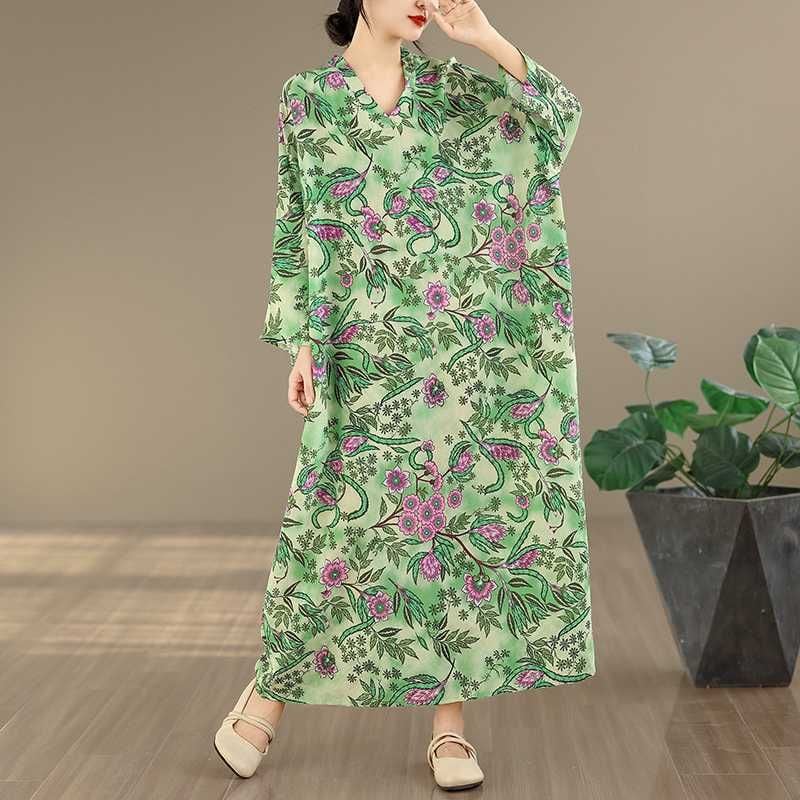 GREEN FLOWER PRINT V-NECK WIDE MAXI PULLOVER DRESS 1color M-16050