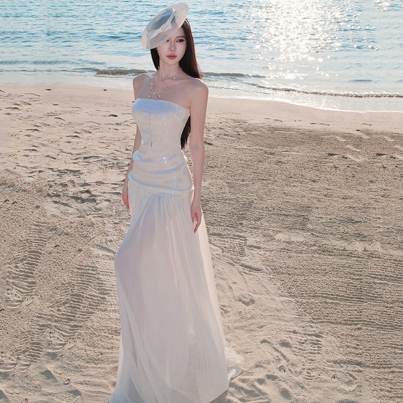 ロングドレス キャバドレス セクシー 上品 チュール ベアトップ スパンコール 清楚系 JC2-XHY919910