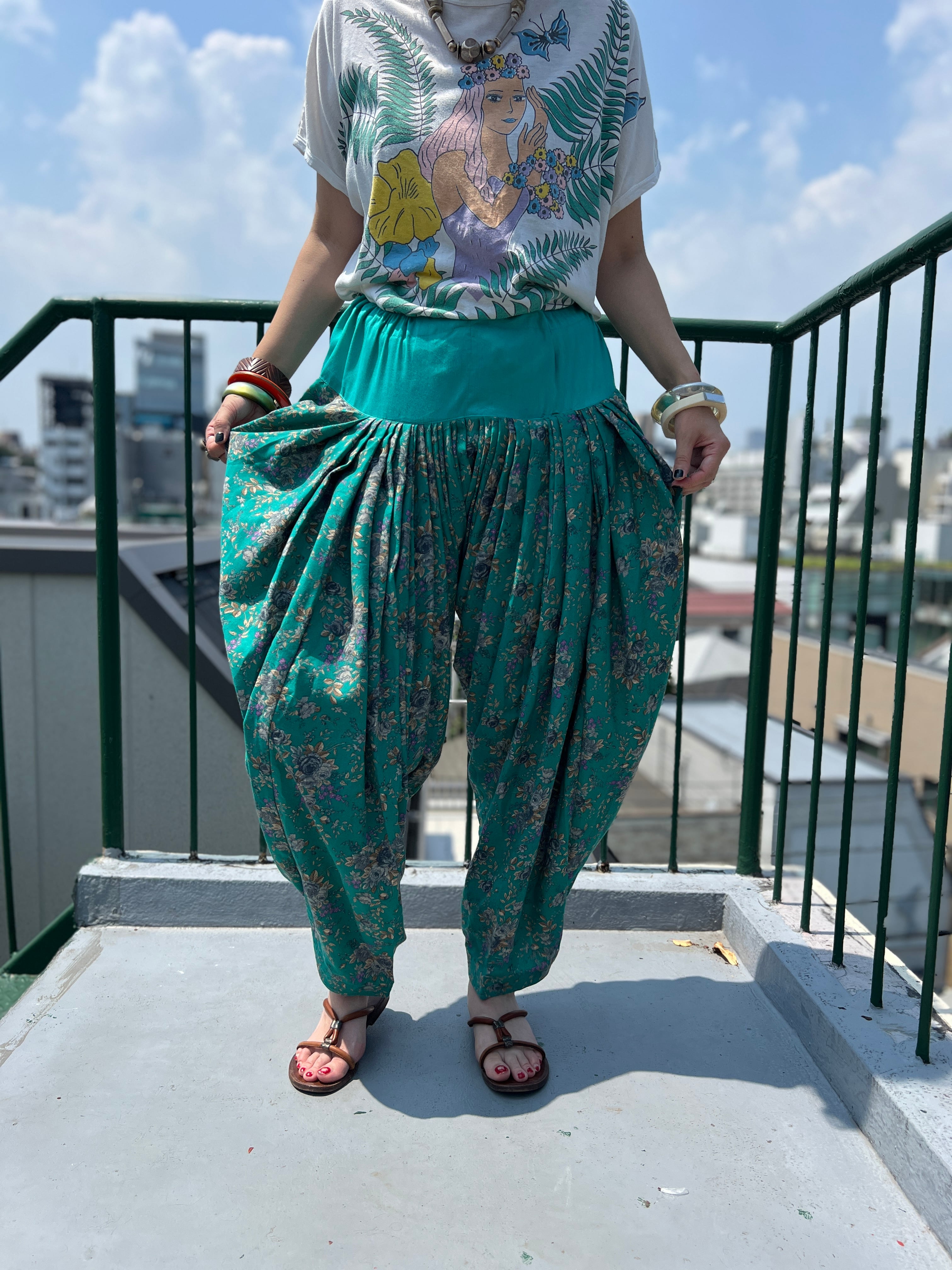 Vintage indian green floral wool pants