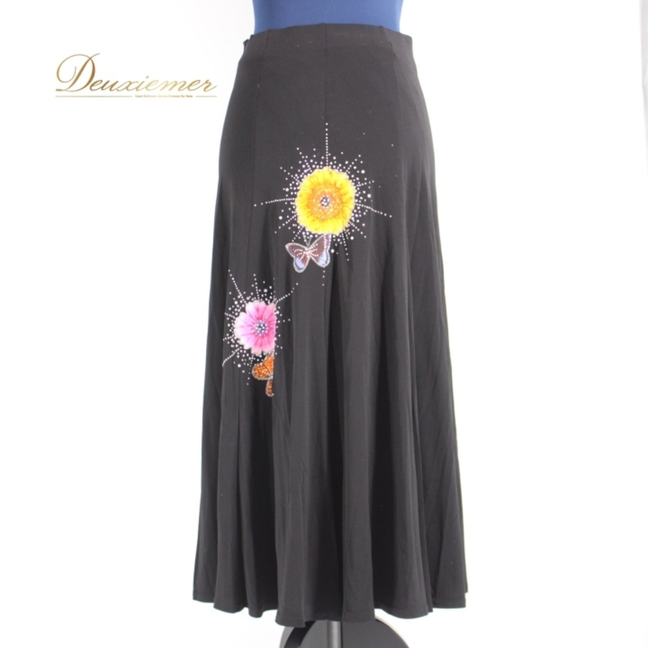 社交ダンス 衣装 スタンダード スカート レッスンウェア 女性用 レディース オールシーズン 黒 ピラミッド ブラック系 ラインストーン ピンク系 オレンジ系 花柄 花模様 エレガント 伸縮性 ゴムウエスト パーティーコスチューム ダンスウェア ショウダンス