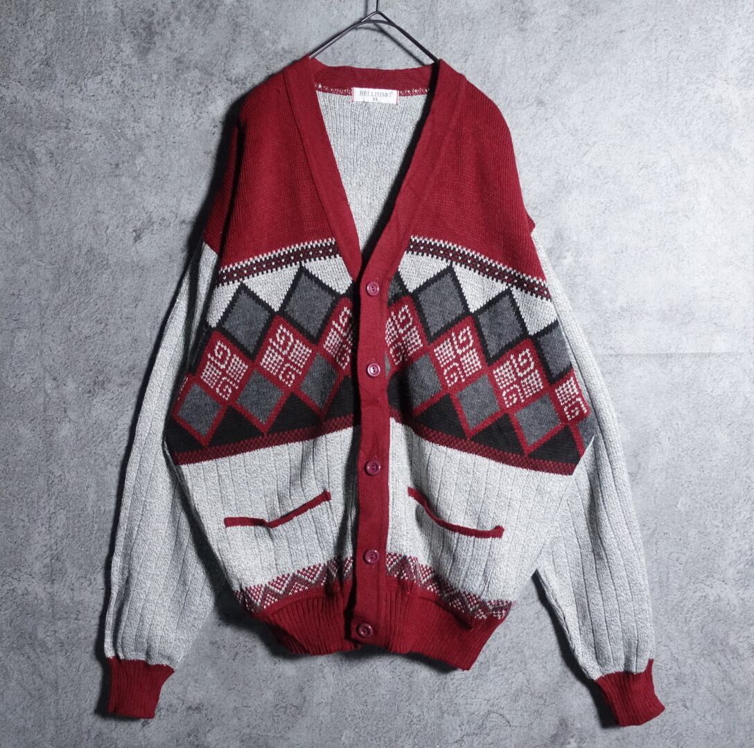 Red & Gray Argyle Pattern Design Cardigan