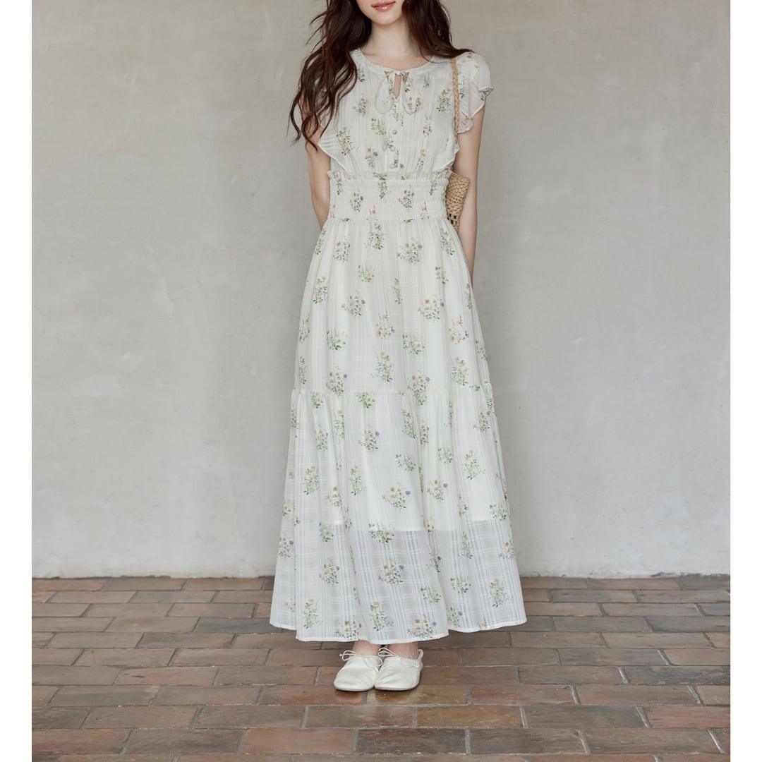 floral shirring long dress