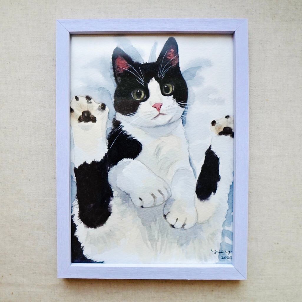 絵/絵画./猫/ハチワレ/原画/A4/アクリル画/手書き 絵画 大橋昭子 通販