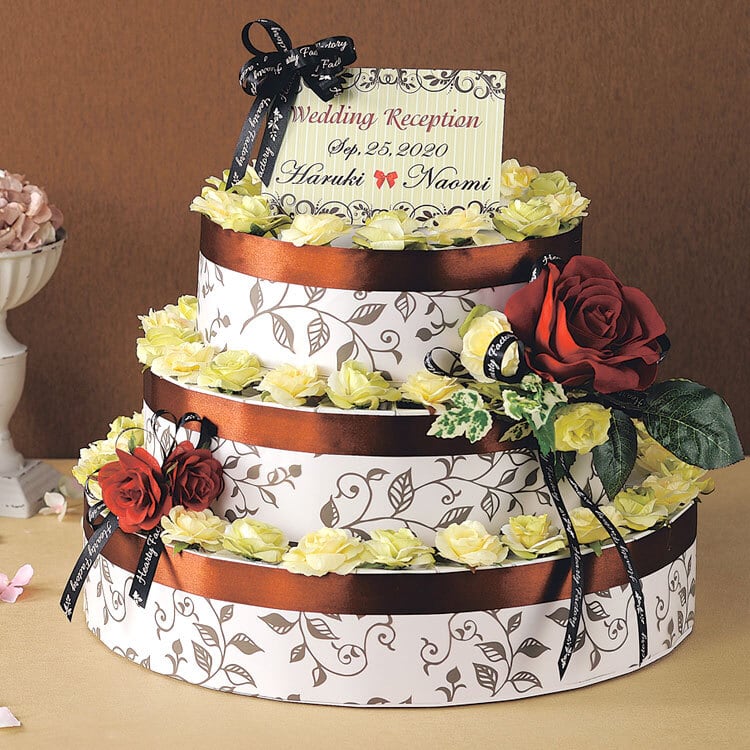 レディーブラウン」３段のウェディングケーキ型ウェルカムボード （ハートパイと紅茶のプチギフト60個セット）  幸せデリバリー（ギフト・結婚式アイテム・手芸用品の通販）