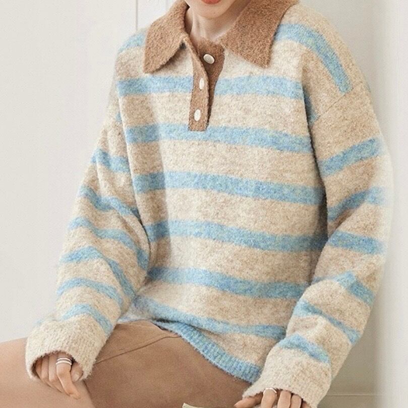 ストライプ ポロカラー セーター