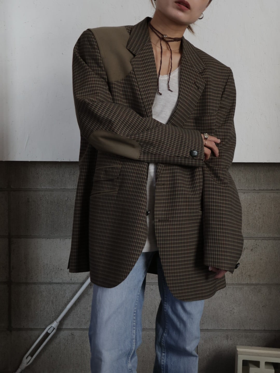 <vintage>patch design khaki check jacket