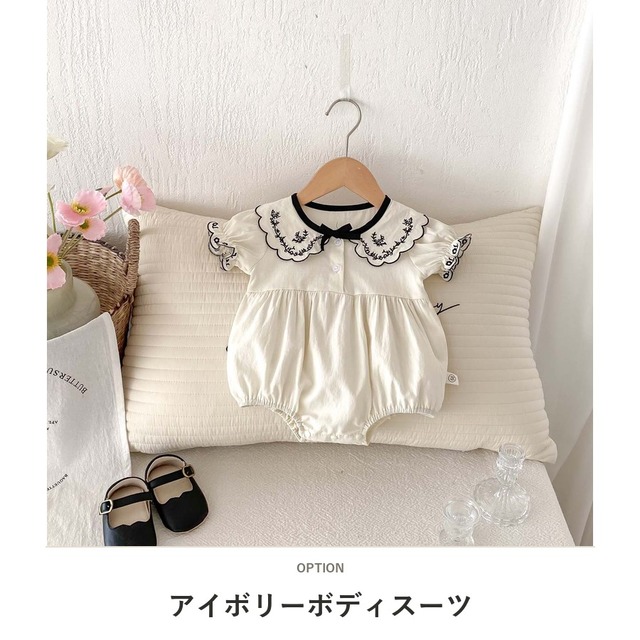 【BABY】エイミー刺繍襟リボン半袖パフスリーブロンパース - 2