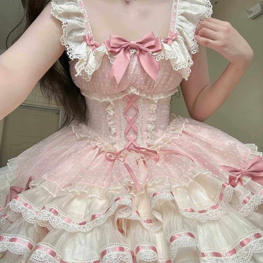 甘ロリ ピンクリボンレースJSK ミニ丈フリルジャンパースカート