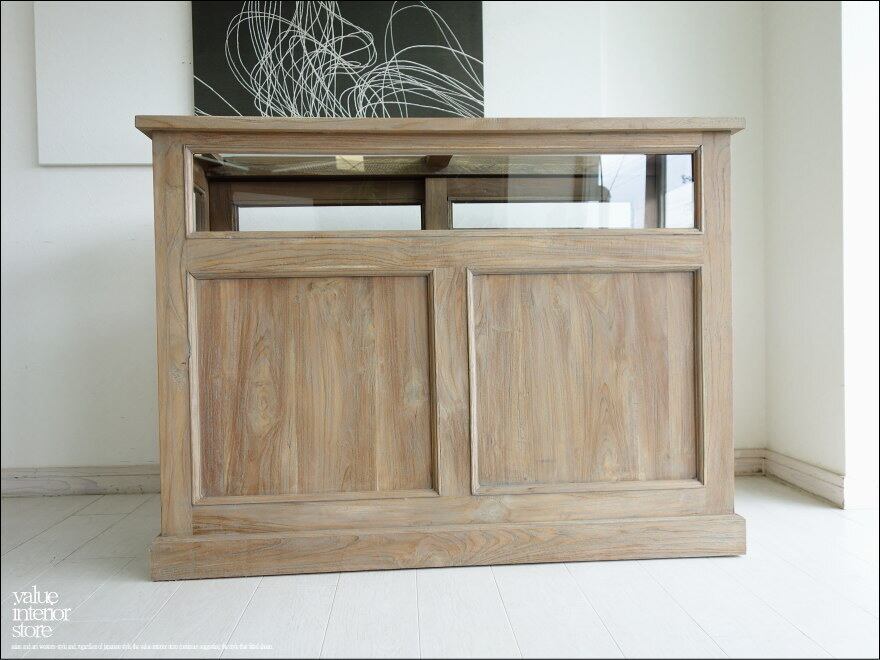 「 ナガシマ様 オーダーカウンター 」チーク総無垢 ショーケースカウンターBalq ガラスケース 飾り棚 店舗什器 レジ台 シャビーシック 手作り 無垢材家具