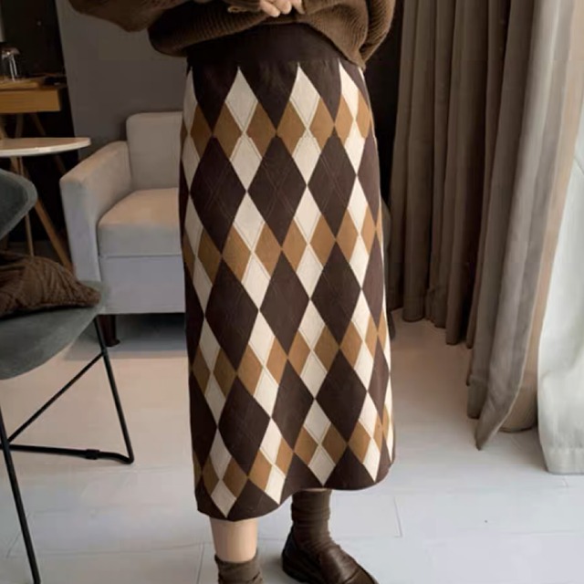 Argyle pattern knit tight skirt【L22AW0040】
