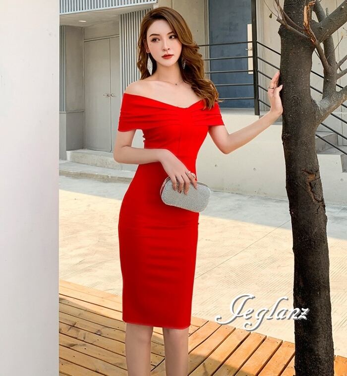 4色 パーティ ワンピース ドレス オフショル スリム タイト きれいめ