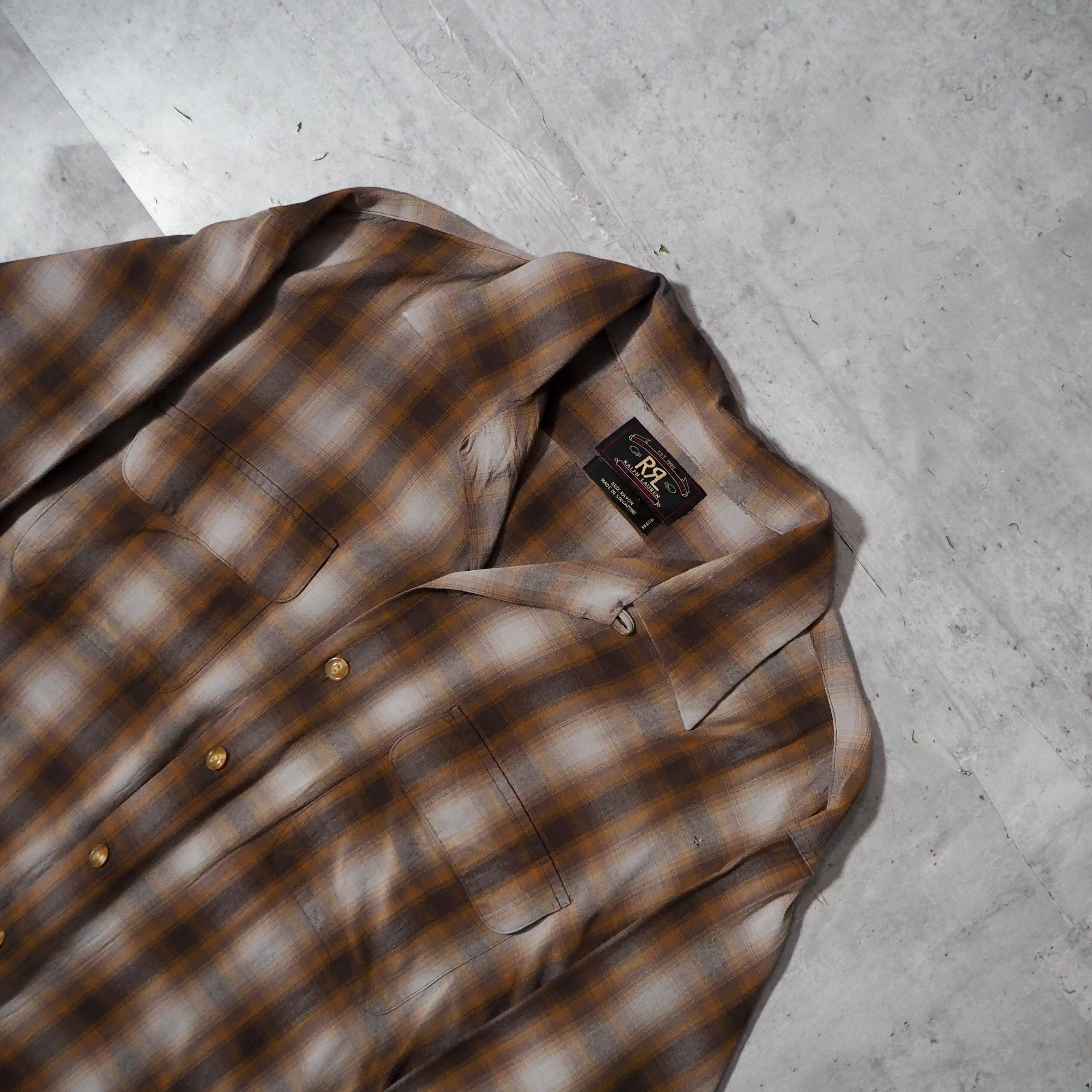 90s “RRL” ombre shadow check rayon box silhouette open collar