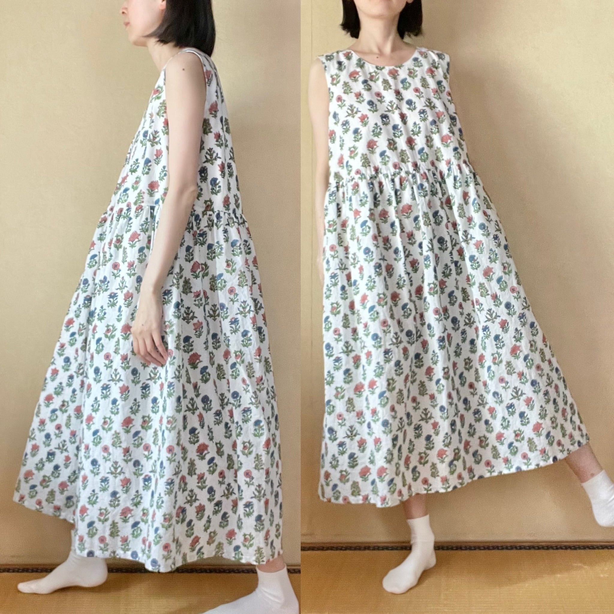 ウエスト切り替えノースリーブワンピース インド製ブロックプリント