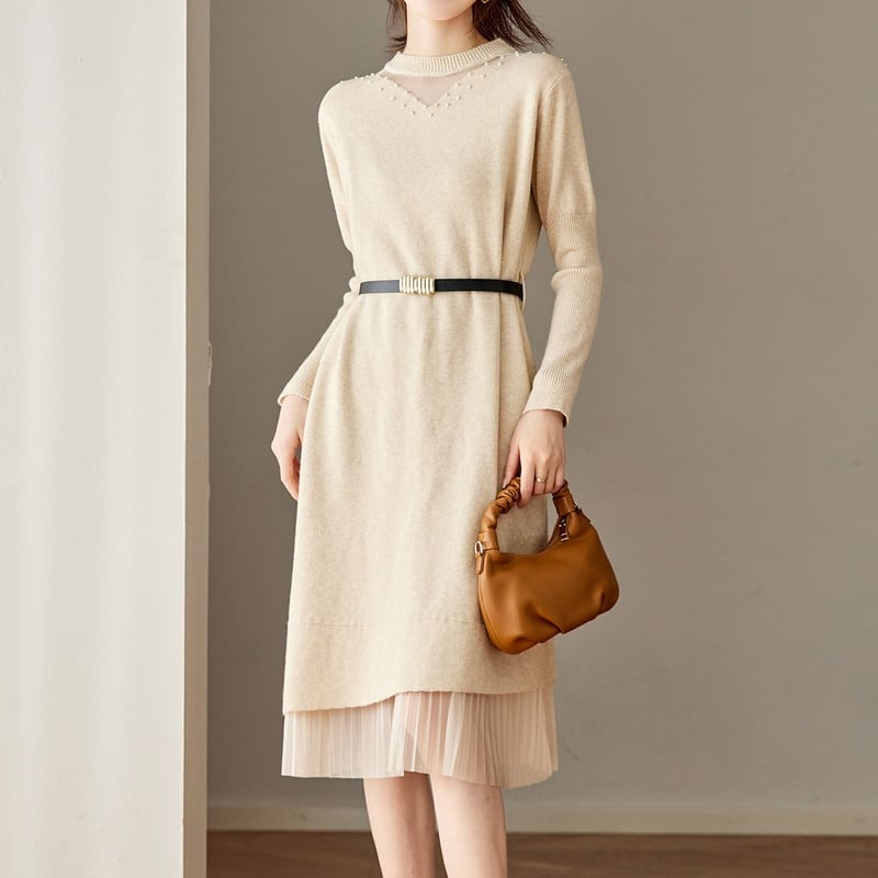 ビジューネック切り替えニットワンピース Me1685